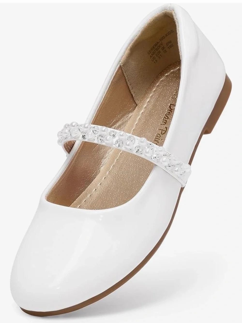 Girls White Mary Jane Flats with Crystal Strap